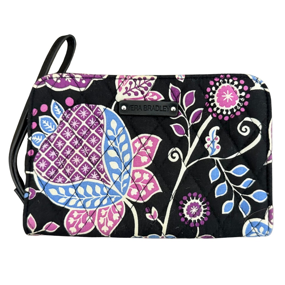 Vera Bradley Floral Wallet Wristlet Black Purple Blue Quilted
